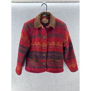 Vintage Woolrich Woman sz M Wool Leather Southwestern Red USA Button Down Jacket